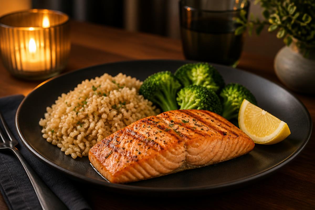 Salmão grelhado com arroz integral e brócolis