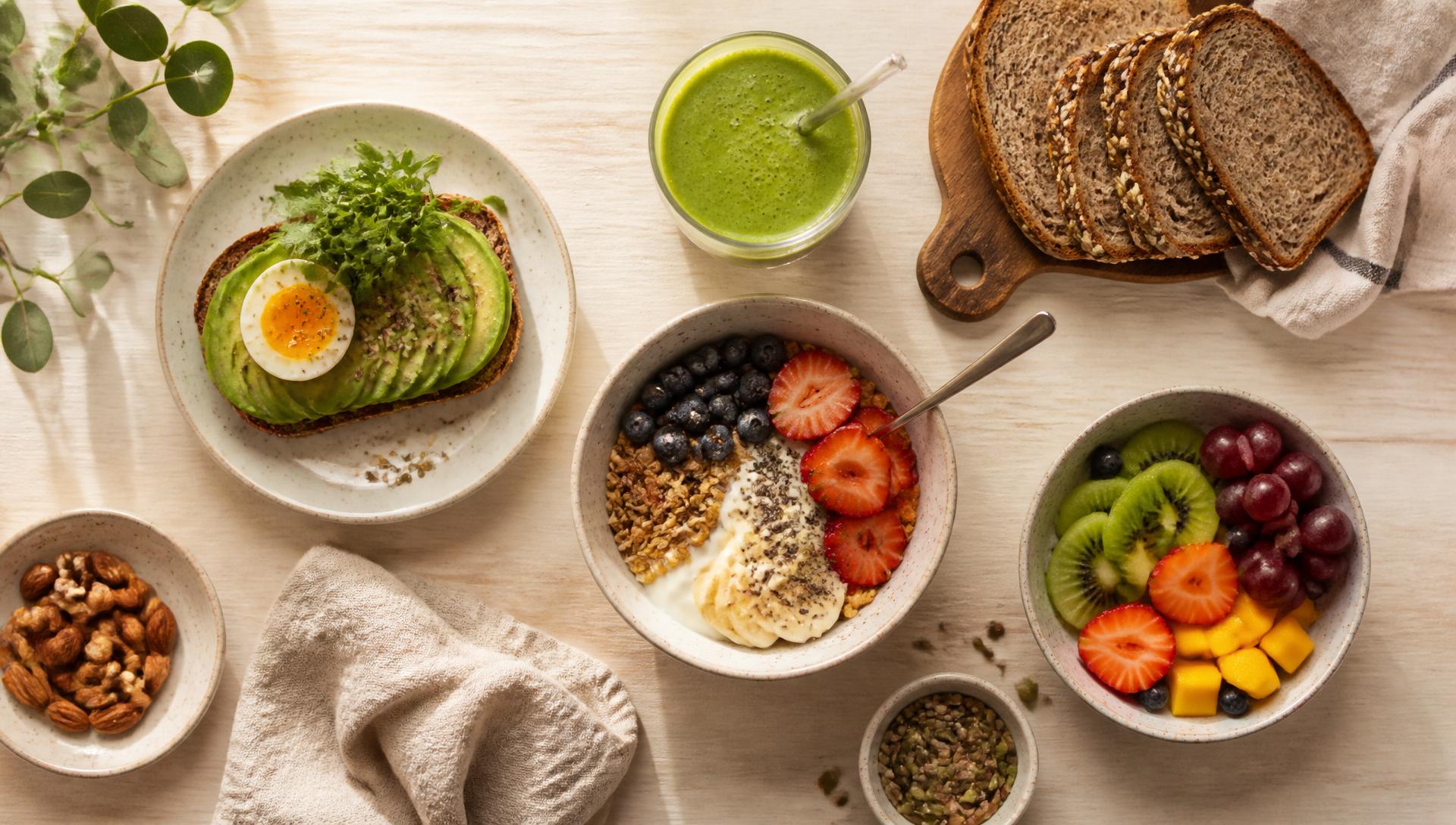 Café da manhã saudável com frutas, granola, abacate e smoothie verde