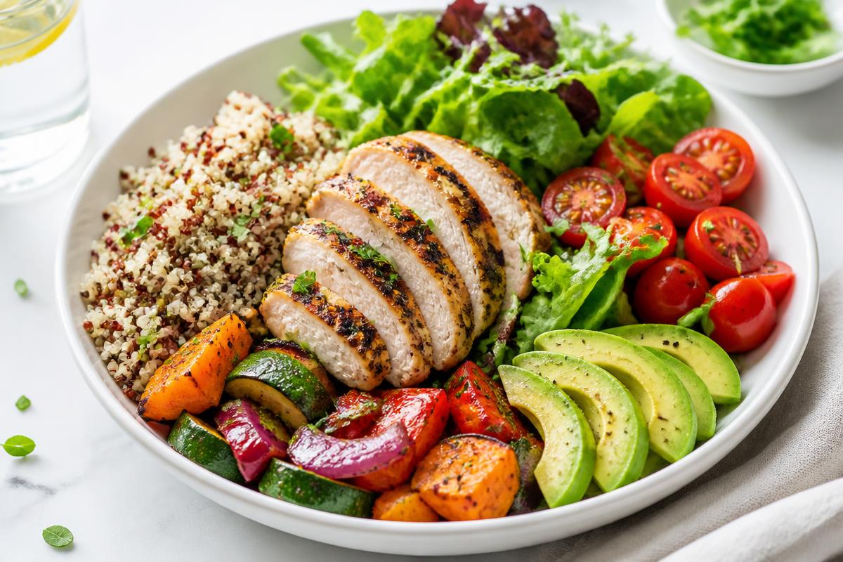 Bowl saudável com frango grelhado, quinoa e legumes coloridos